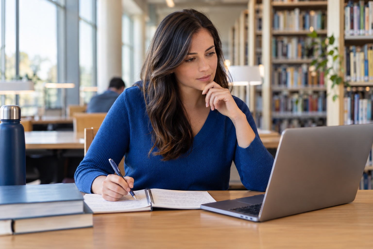 Adult learner in a blue sweater studying with a laptop and notebook in a bright library