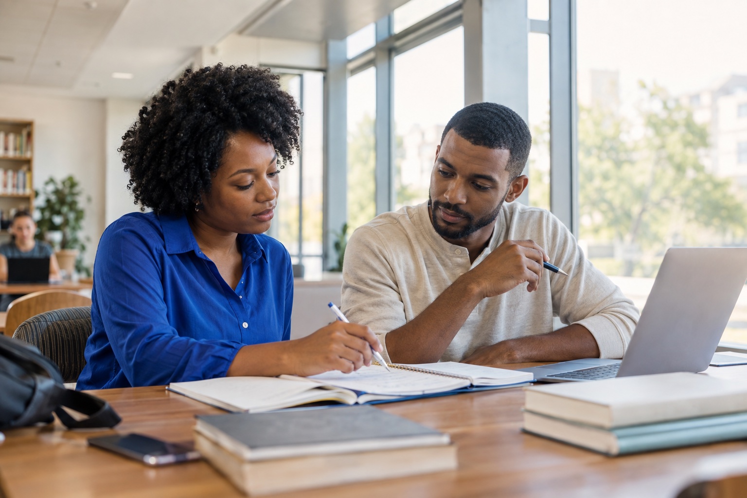 Two Black adult learners reviewing study notes together beside a laptop
